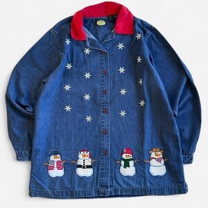 Vintage APW Lightweight Cotton Denim Long Sleeve Shirt with Embroidered Snowmen